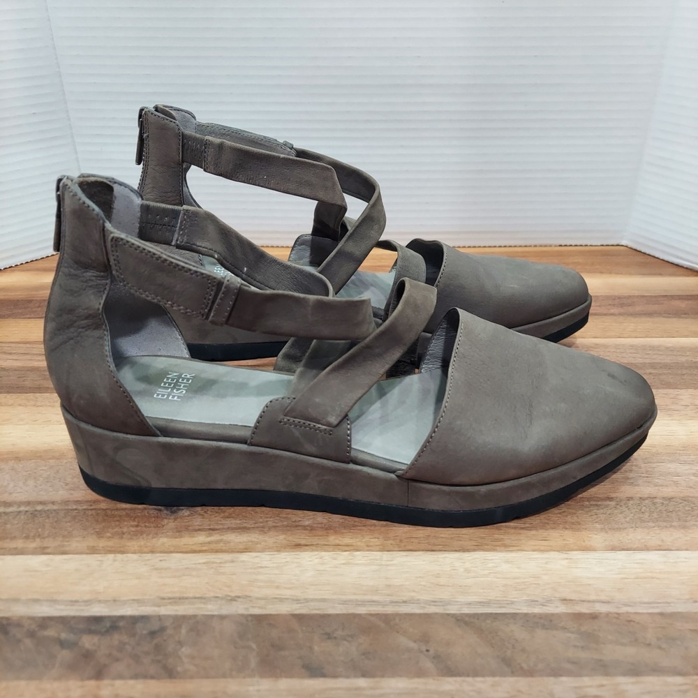 Eileen Fisher Wedge Sandals Women's 10 Gray Leather Strappy Pointed Toe Zip Back - Picture 4 of 16
